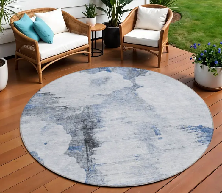 8' Navy Blue And Ivory Round Abstract Washable Indoor Outdoor Area Rug