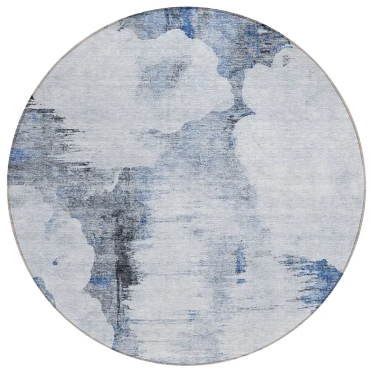 8' Navy Blue And Ivory Round Abstract Washable Indoor Outdoor Area Rug