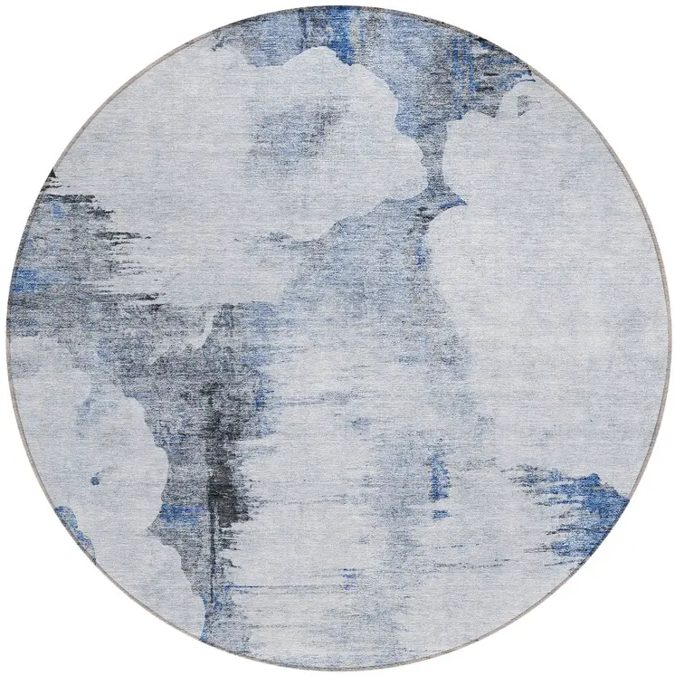 8' Navy Blue And Ivory Round Abstract Washable Indoor Outdoor Area Rug