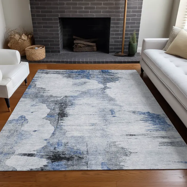 9' X 12' Navy Blue And Ivory Abstract Washable Indoor Outdoor Area Rug