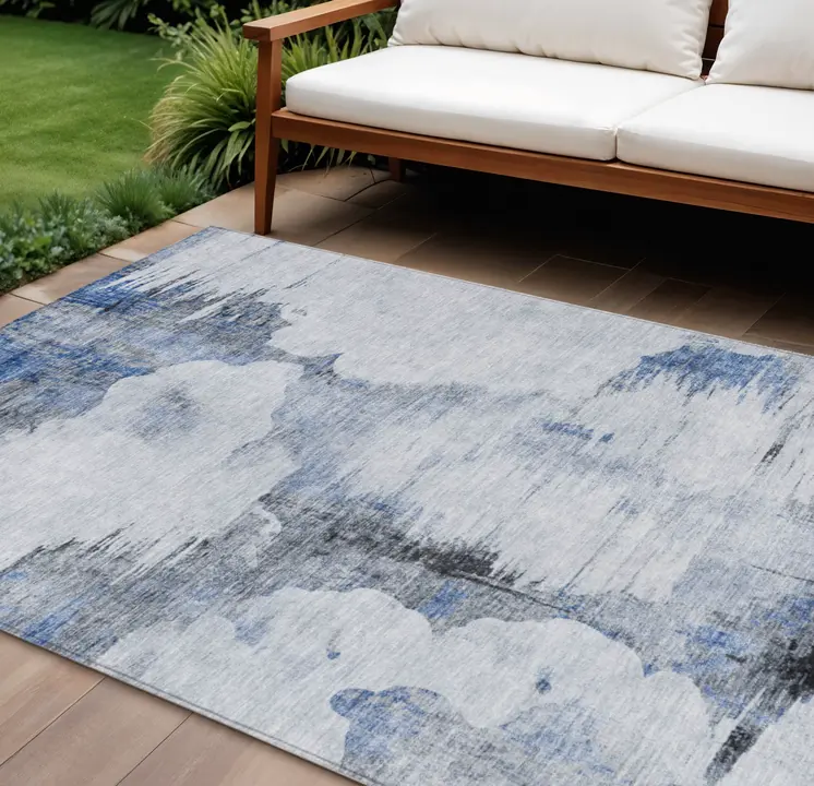 10' X 14' Navy Blue And Ivory Abstract Washable Indoor Outdoor Area Rug