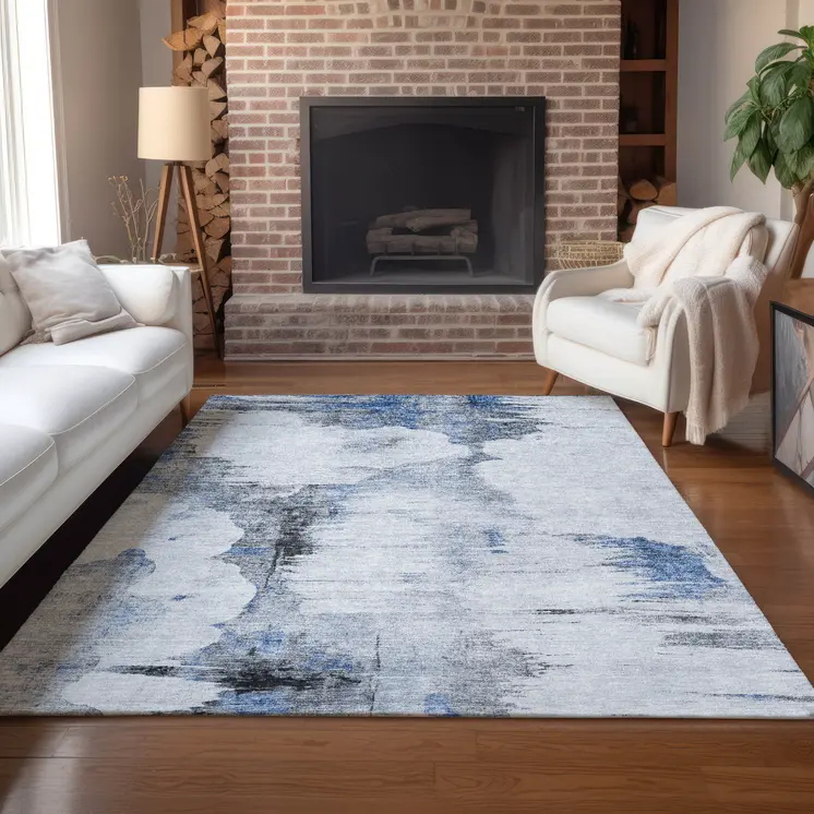 10' X 14' Navy Blue And Ivory Abstract Washable Indoor Outdoor Area Rug