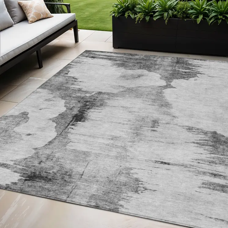 5' X 8' Gray Silver And Charcoal Abstract Washable Indoor Outdoor Area Rug