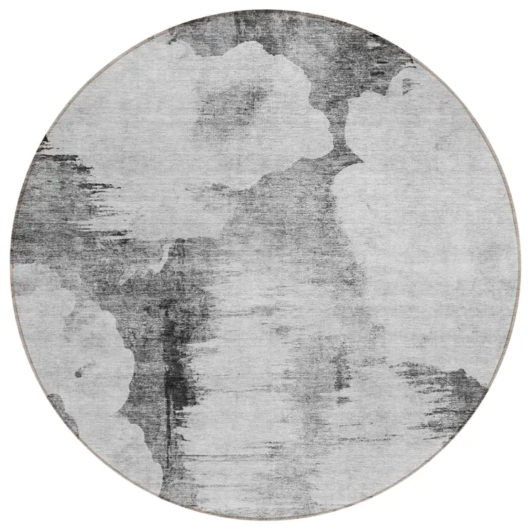 8' Gray Silver And Charcoal Round Abstract Washable Indoor Outdoor Area Rug