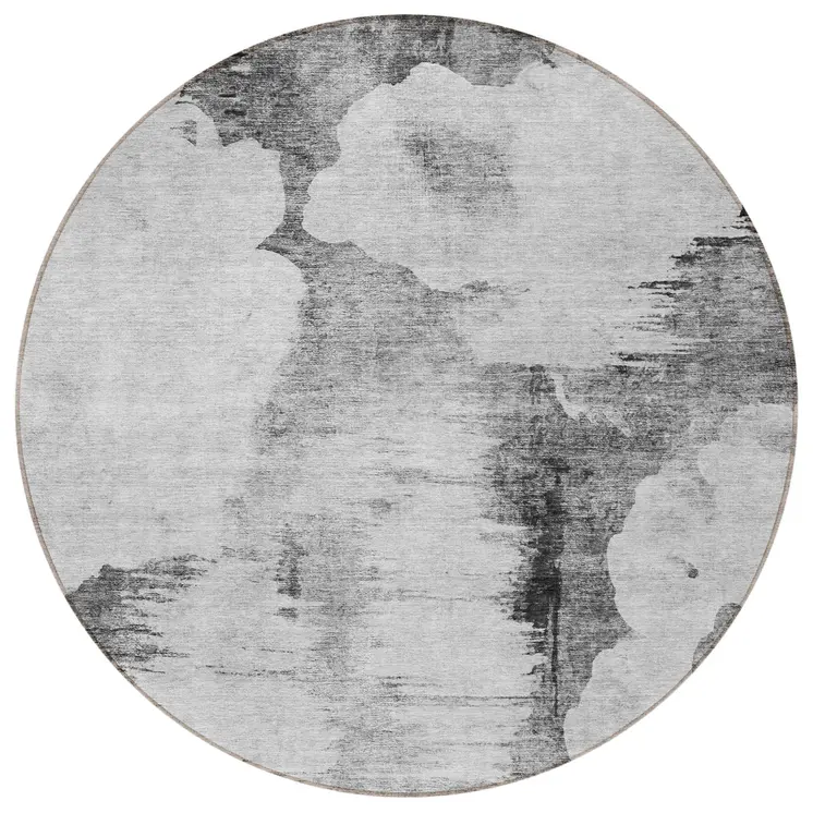 8' Gray Silver And Charcoal Round Abstract Washable Indoor Outdoor Area Rug