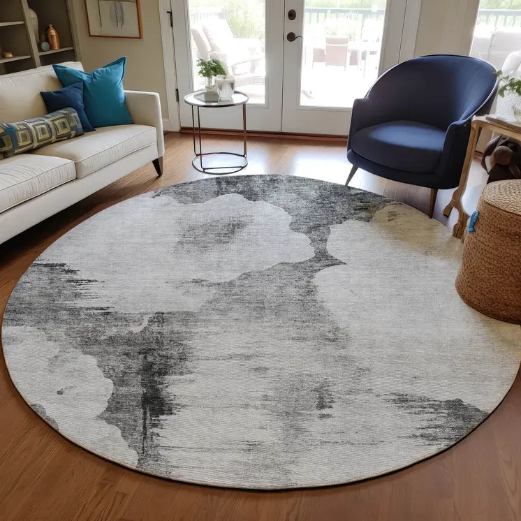 8' Gray Silver And Charcoal Round Abstract Washable Indoor Outdoor Area Rug