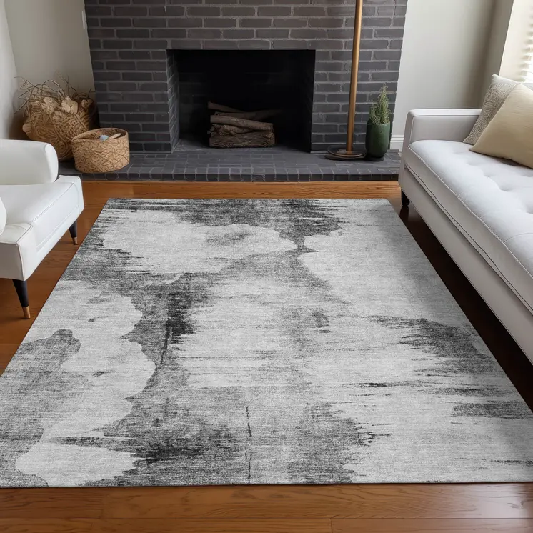 10' X 14' Gray Silver And Charcoal Abstract Washable Indoor Outdoor Area Rug