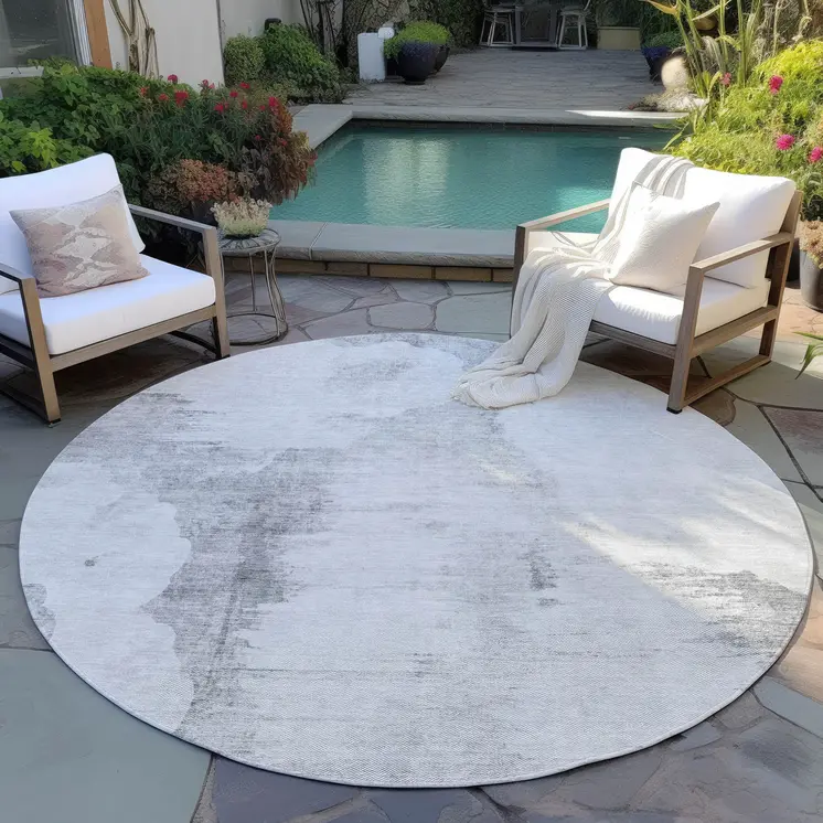 8' Silver Gray And Pewter Round Abstract Washable Indoor Outdoor Area Rug