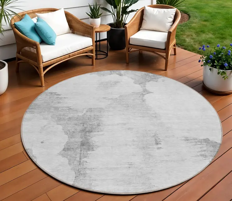 8' Silver Gray And Pewter Round Abstract Washable Indoor Outdoor Area Rug