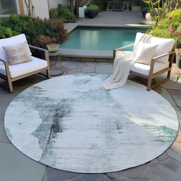 8' Teal Blue Silver And Gray Round Abstract Washable Indoor Outdoor Area Rug