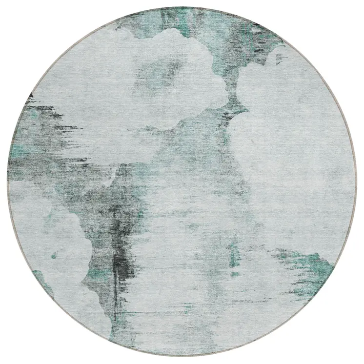 8' Teal Blue Silver And Gray Round Abstract Washable Indoor Outdoor Area Rug