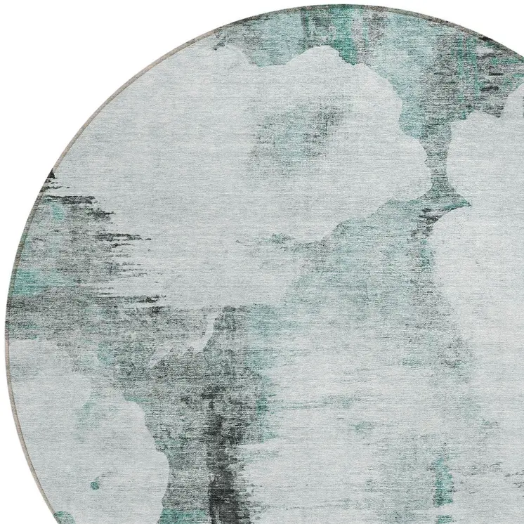 8' Teal Blue Silver And Gray Round Abstract Washable Indoor Outdoor Area Rug