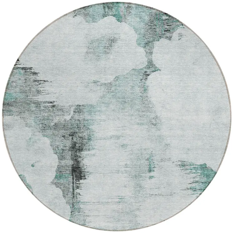 8' Teal Blue Silver And Gray Round Abstract Washable Indoor Outdoor Area Rug