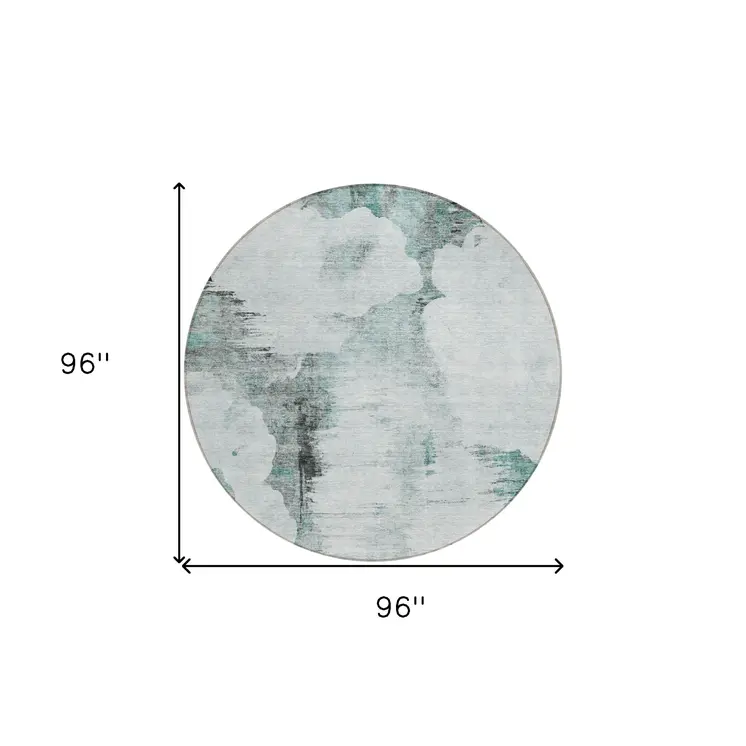 8' Teal Blue Silver And Gray Round Abstract Washable Indoor Outdoor Area Rug