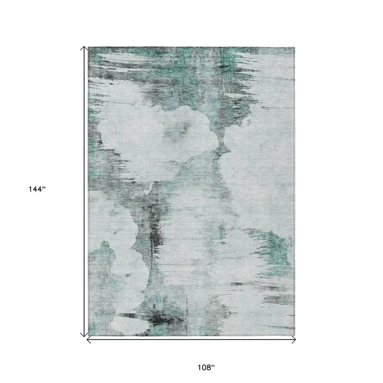 9' X 12' Teal Blue Silver And Gray Abstract Washable Indoor Outdoor Area Rug