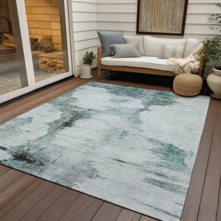 9' X 12' Teal Blue Silver And Gray Abstract Washable Indoor Outdoor Area Rug