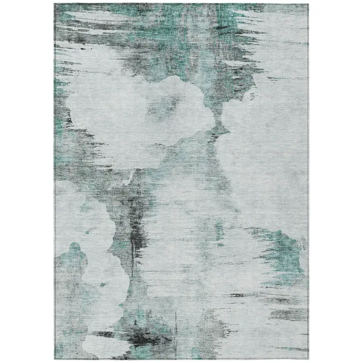 9' X 12' Teal Blue Silver And Gray Abstract Washable Indoor Outdoor Area Rug