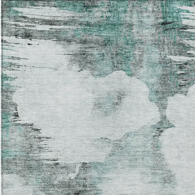 9' X 12' Teal Blue Silver And Gray Abstract Washable Indoor Outdoor Area Rug