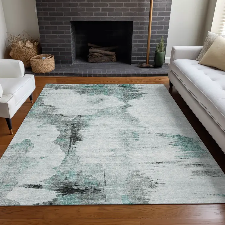 9' X 12' Teal Blue Silver And Gray Abstract Washable Indoor Outdoor Area Rug