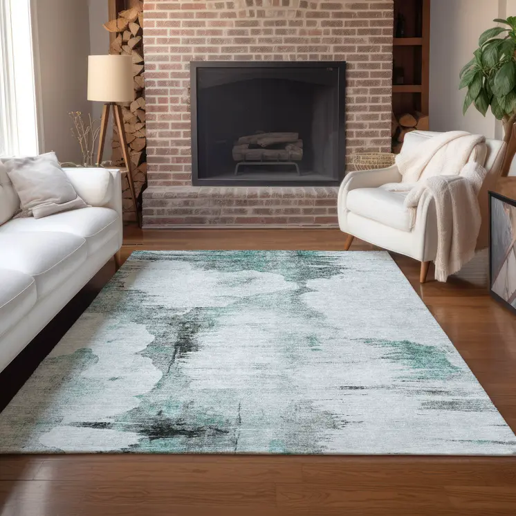 9' X 12' Teal Blue Silver And Gray Abstract Washable Indoor Outdoor Area Rug