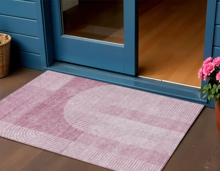 3' X 5' Blush Pink And Mauve Geometric Washable Indoor Outdoor Area Rug