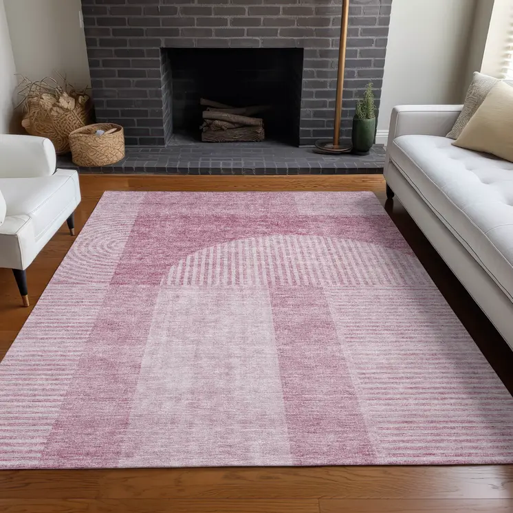 5' X 8' Blush Pink And Mauve Geometric Washable Indoor Outdoor Area Rug
