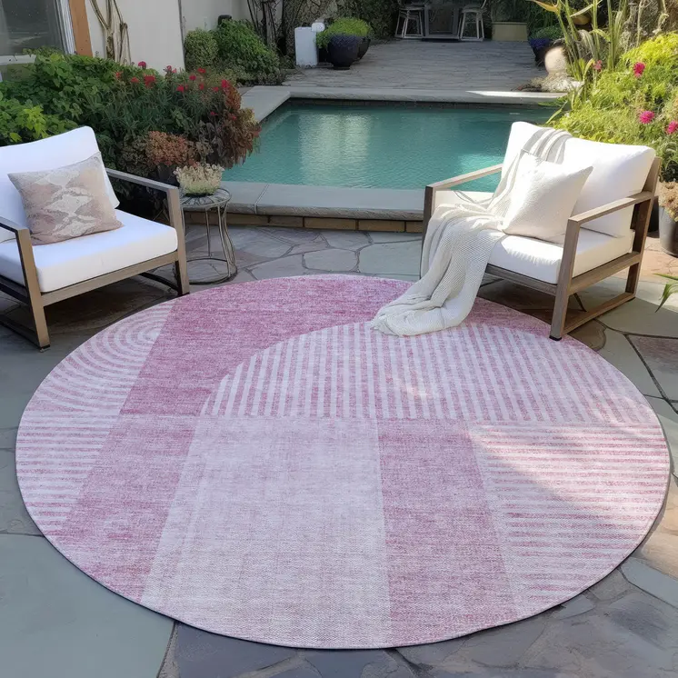 8' Blush Pink And Mauve Round Geometric Washable Indoor Outdoor Area Rug