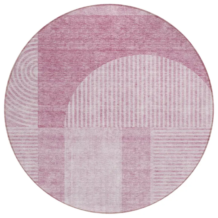 8' Blush Pink And Mauve Round Geometric Washable Indoor Outdoor Area Rug