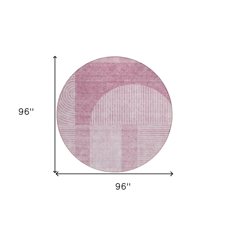 8' Blush Pink And Mauve Round Geometric Washable Indoor Outdoor Area Rug