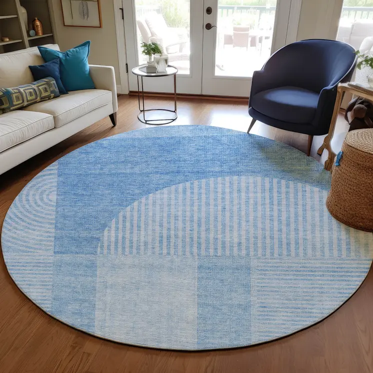 8' Sky Blue And Denim Blue Round Geometric Washable Indoor Outdoor Area Rug