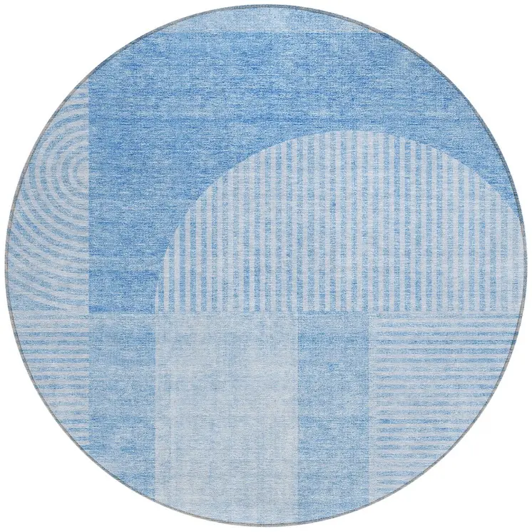 8' Sky Blue And Denim Blue Round Geometric Washable Indoor Outdoor Area Rug