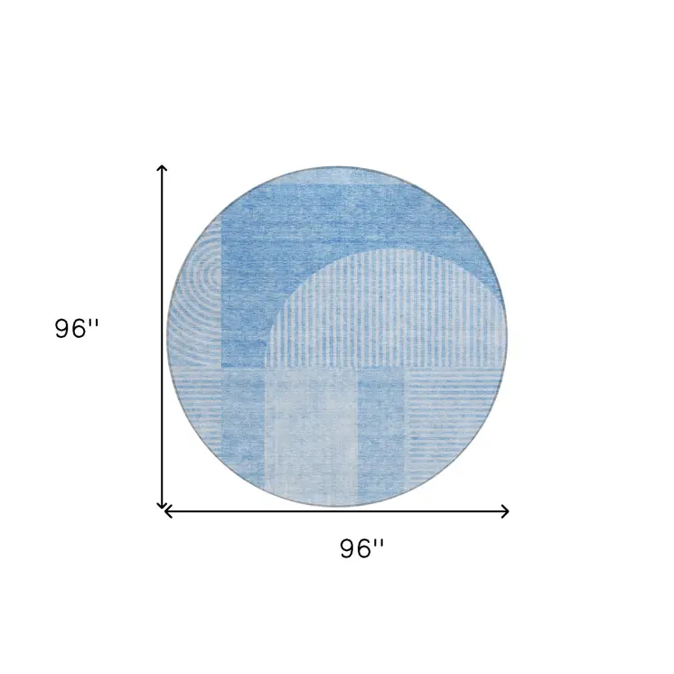 8' Sky Blue And Denim Blue Round Geometric Washable Indoor Outdoor Area Rug