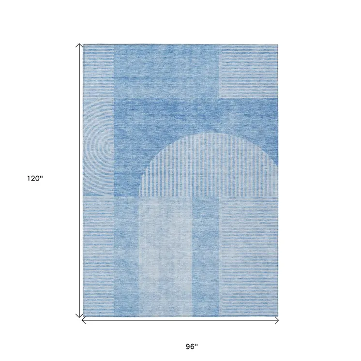 8' X 10' Sky Blue And Denim Blue Geometric Washable Indoor Outdoor Area Rug