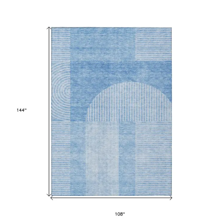 9' X 12' Sky Blue And Denim Blue Geometric Washable Indoor Outdoor Area Rug