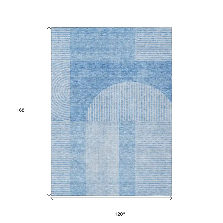 10' X 14' Sky Blue And Denim Blue Geometric Washable Indoor Outdoor Area Rug