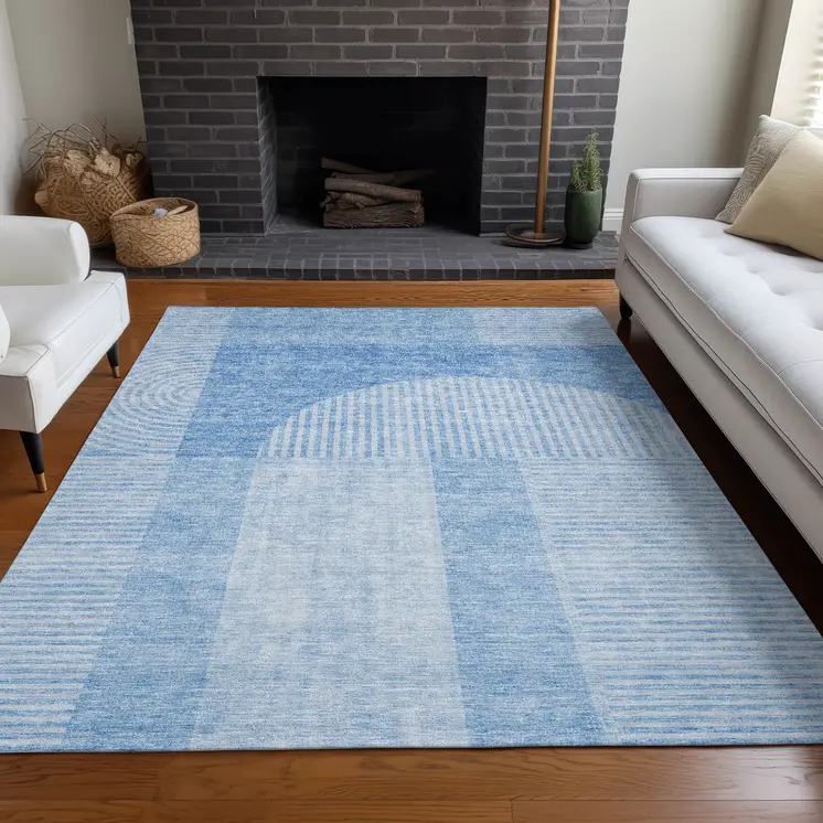 10' X 14' Sky Blue And Denim Blue Geometric Washable Indoor Outdoor Area Rug