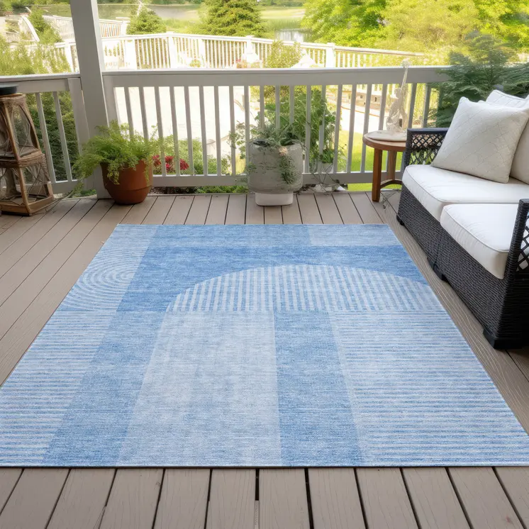 10' X 14' Sky Blue And Denim Blue Geometric Washable Indoor Outdoor Area Rug