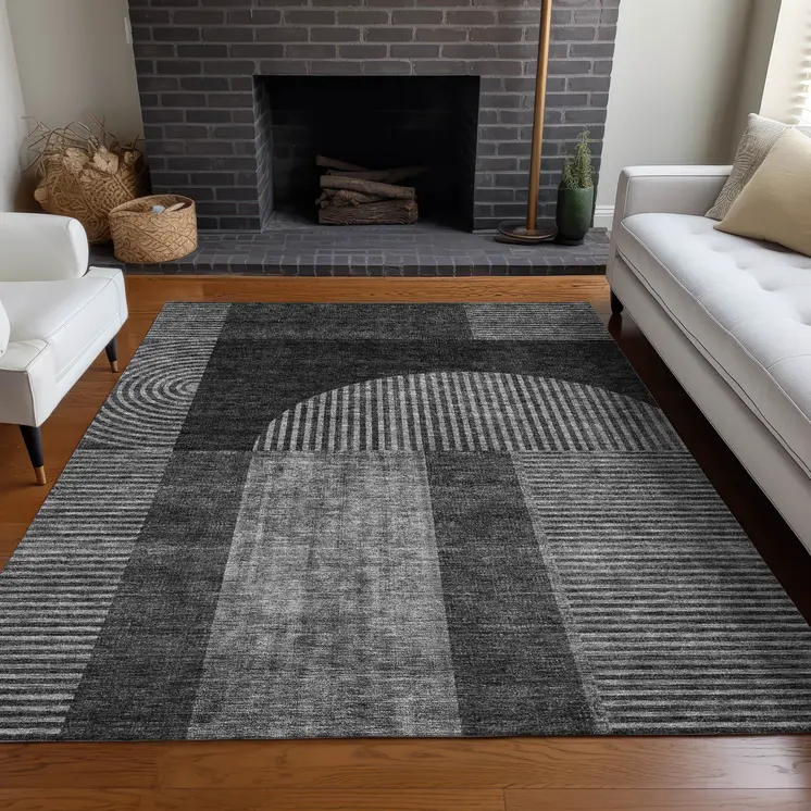 3' X 5' Charcoal Gray And Silver Geometric Washable Indoor Outdoor Area Rug