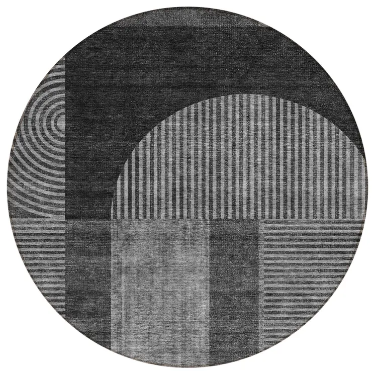 8' Charcoal Gray And Silver Round Geometric Washable Indoor Outdoor Area Rug