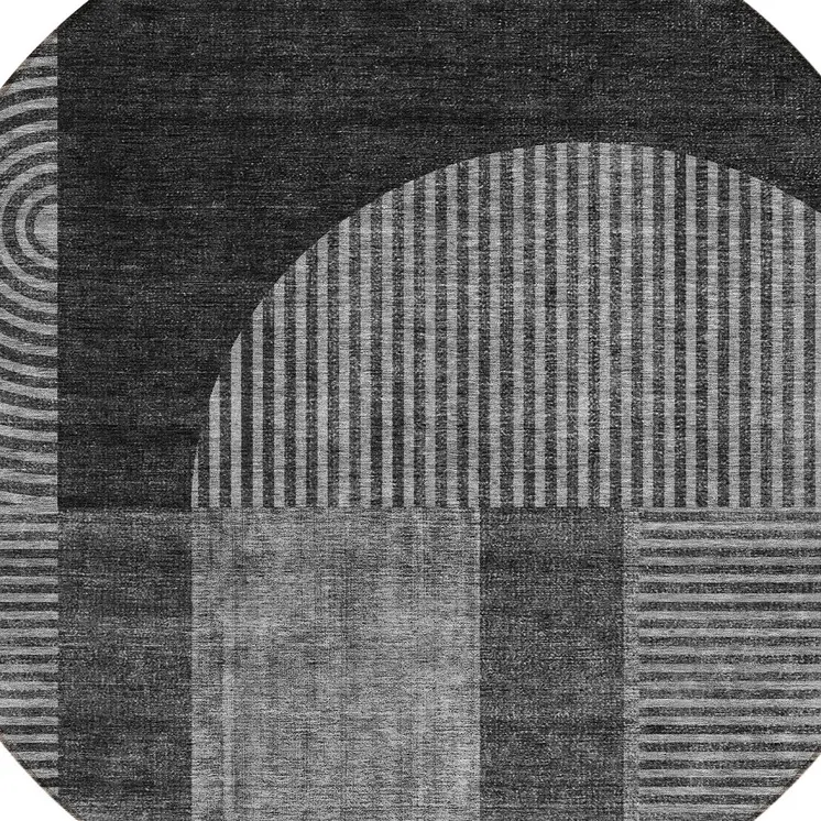 8' Charcoal Gray And Silver Round Geometric Washable Indoor Outdoor Area Rug