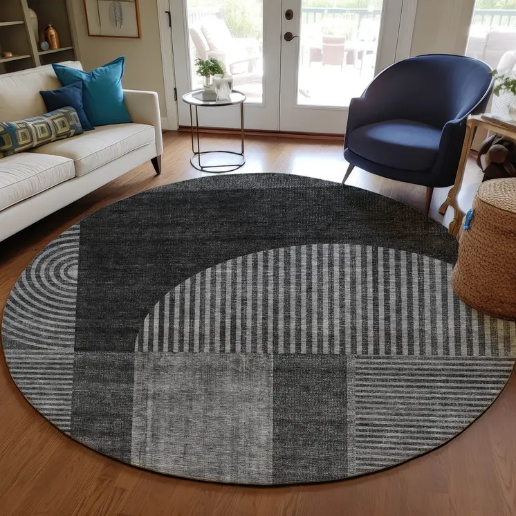 8' Charcoal Gray And Silver Round Geometric Washable Indoor Outdoor Area Rug