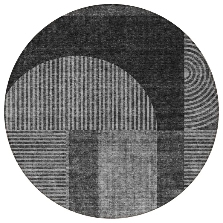 8' Charcoal Gray And Silver Round Geometric Washable Indoor Outdoor Area Rug