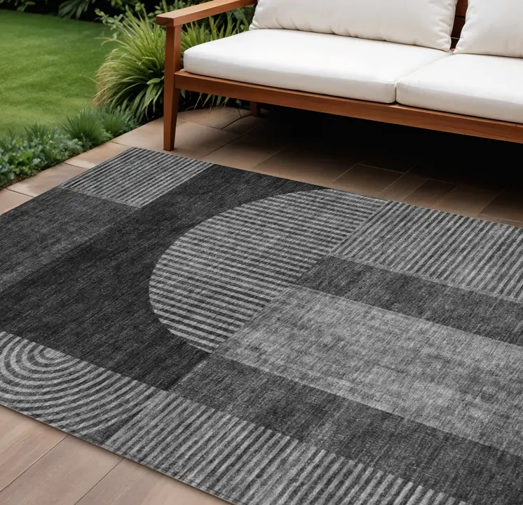 8' X 10' Charcoal Gray And Silver Geometric Washable Indoor Outdoor Area Rug