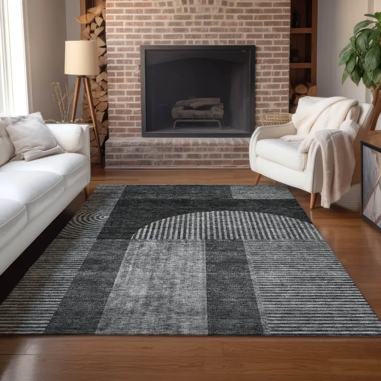 8' X 10' Charcoal Gray And Silver Geometric Washable Indoor Outdoor Area Rug