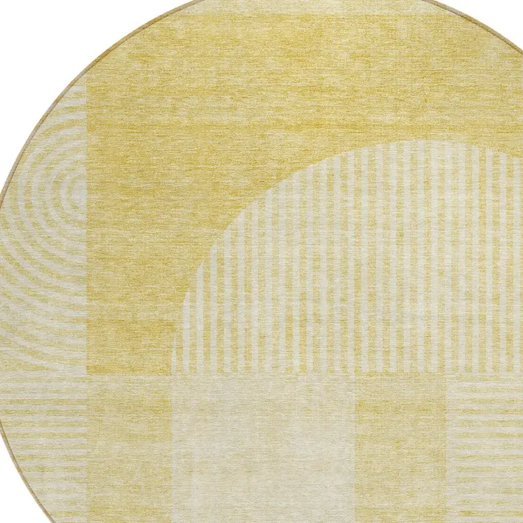 8' Gold Ivory And Yellow Round Geometric Washable Indoor Outdoor Area Rug
