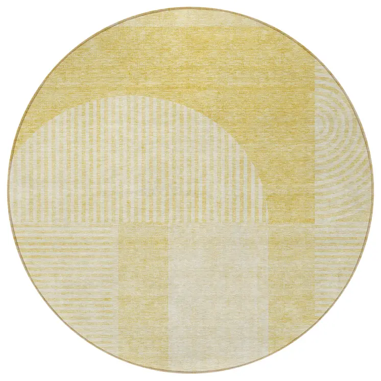 8' Gold Ivory And Yellow Round Geometric Washable Indoor Outdoor Area Rug