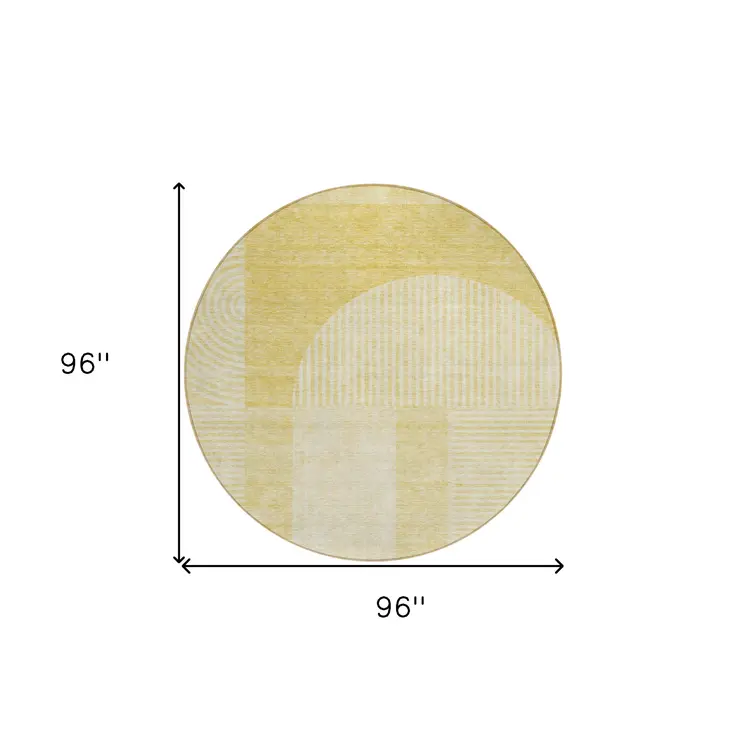 8' Gold Ivory And Yellow Round Geometric Washable Indoor Outdoor Area Rug