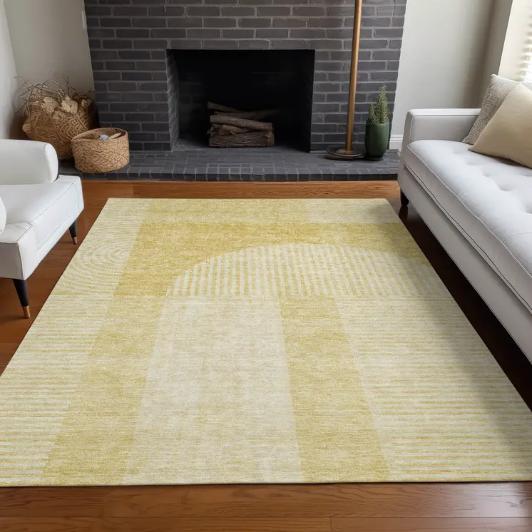 8' X 10' Gold Ivory And Yellow Geometric Washable Indoor Outdoor Area Rug
