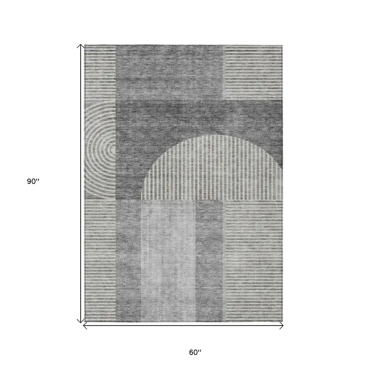 5' X 8' Gray Silver And Charcoal Geometric Washable Indoor Outdoor Area Rug