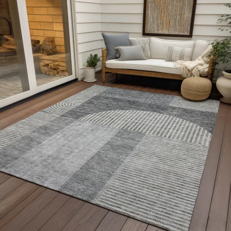 5' X 8' Gray Silver And Charcoal Geometric Washable Indoor Outdoor Area Rug